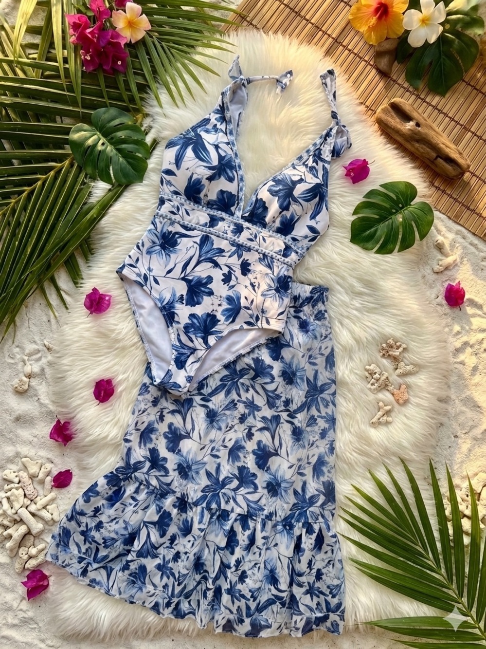 Blue Floral Tie-Shoulder Women’s Swim Bodysuit with coverup.